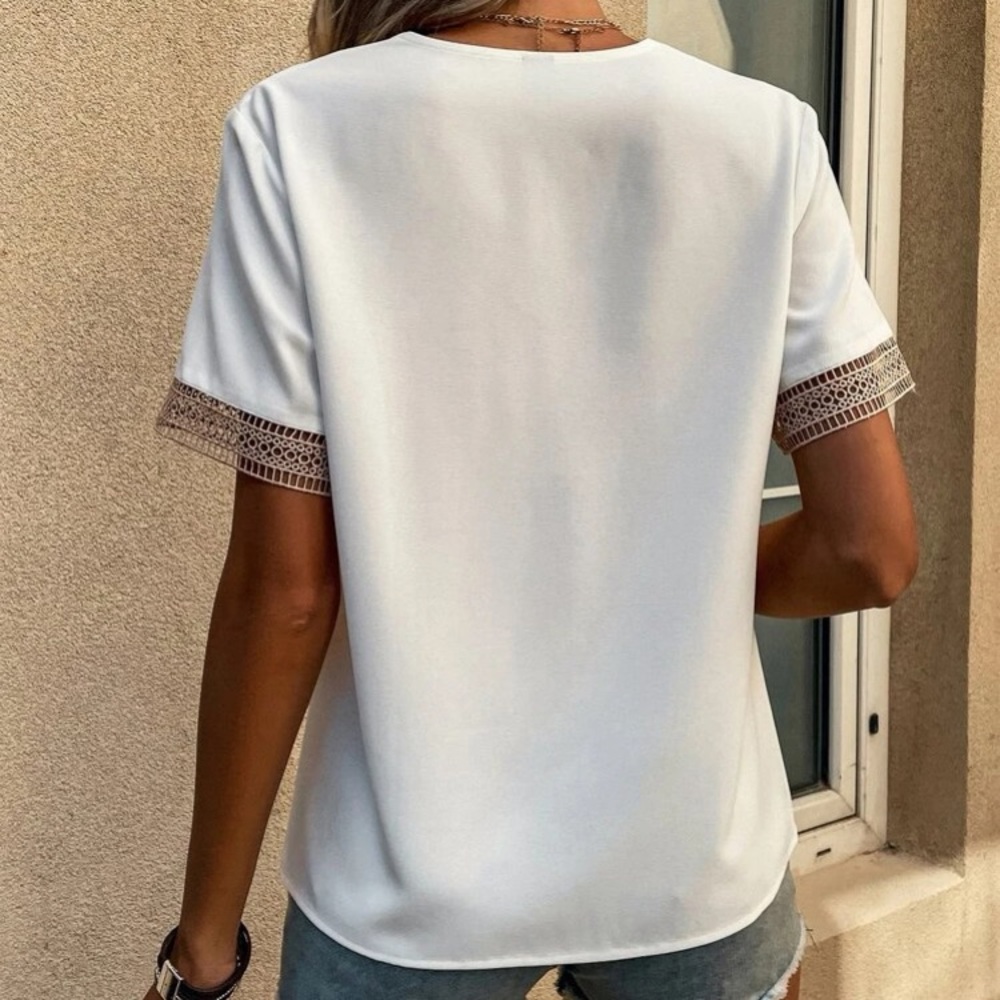 Boho Apricot V Neck  Lace Solid Minimalist Blouse - Picture 8 of 15